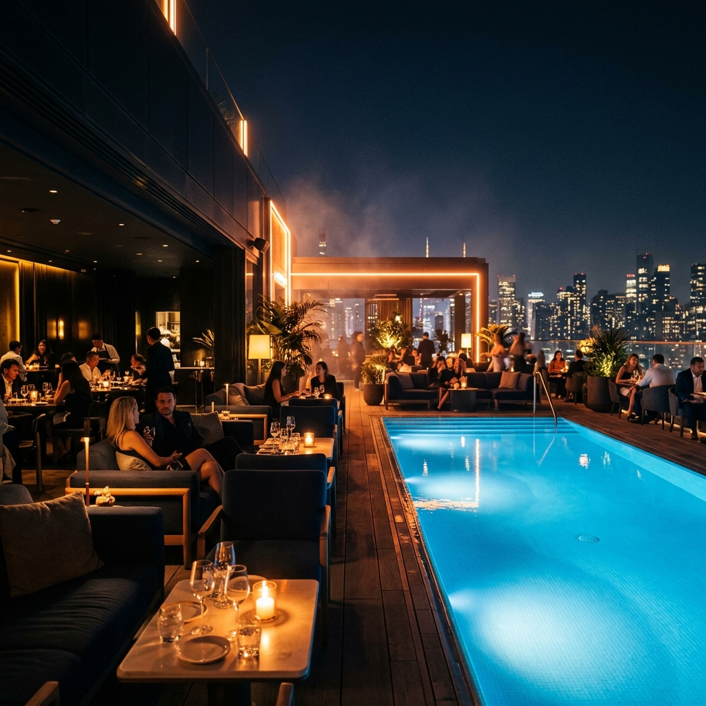 The Bbro poolside restaurant at night